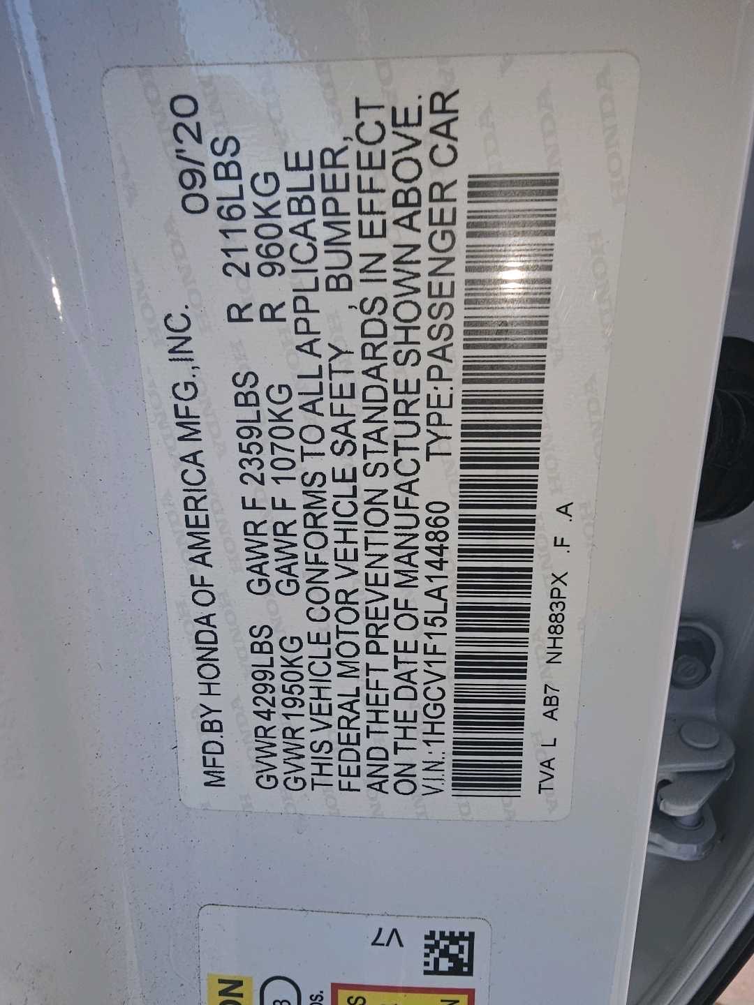 2020 Honda Accord EX-L thumbnail 4